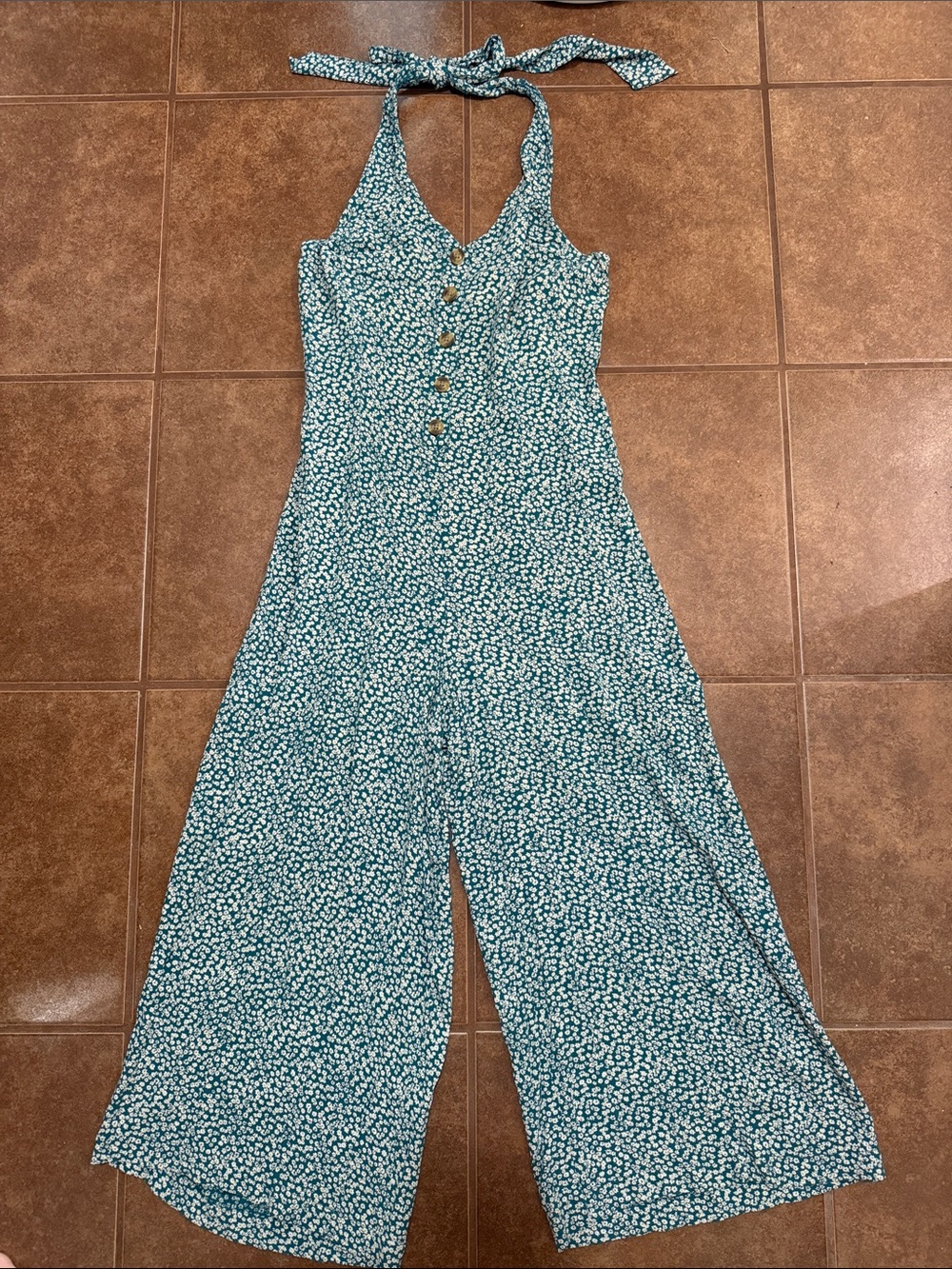 American Eagle Outfitters Teal Floral Halter Jumpsuit